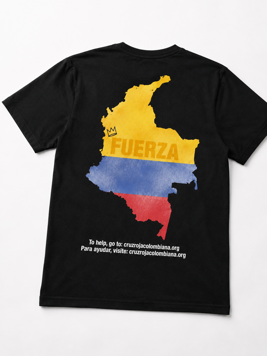 Back of the Fuerza tee: the map of Colombia filled with the flag and the word FUERZA